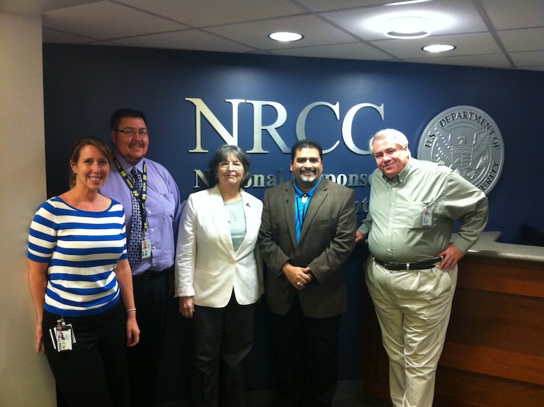 WASHINGTON, D.C. - The Corps visits FEMA. L to R: Rebecca Klein, on developmental assignment from Army National Guard to USACE’s Tribal program; Paul Cloutier, NWD Tribal Liaison; Georgeie Reynolds, Senior Tribal Liaison, HQUSACE; Richard Flores, Senior Tribal Liaison, FEMA; Ron Kneebone, Tribal Liaison, SPA.