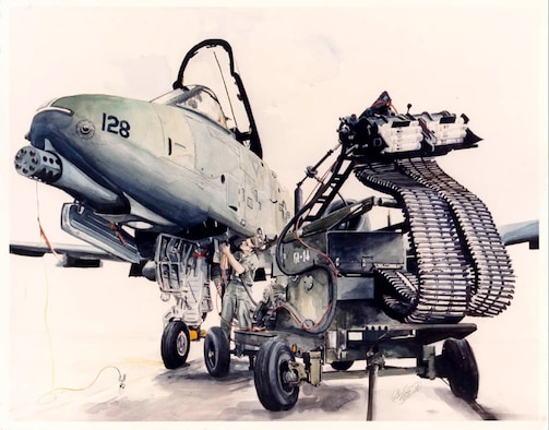 Pictured is the watercolor painting of an A-10 Warthog titled “Arming the A-10” that Senior Master Sgt. (ret.) Robert Stillwell, 341st Missile Wing Public Affairs graphic artist, submitted and had accepted into the Air Force Art Collection.  Stillwell has also done four portrait pictures of Medal of Honor recipients that have been hung in buildings dedicated to them.  He has also drawn portraits from official photos of all of the 341st MW commanders, which are on display in the wing conference room.  (Courtesy photo)