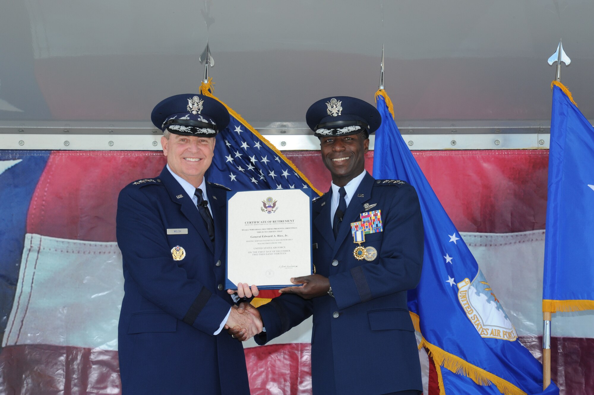 JOINT BASE SAN ANTONIO-RANDOLPH, Texas -- (Right) Gen. Edward A. Rice Jr., former Air Education and Training Command commander, retired after 35 years of dedicated service to the U.S. Air Force here Oct. 10. Air Force Chief of Staff Gen. Mark A. Welsh III presided over the change of command and retirement ceremonies. (U.S. Air Force photo by Rich McFadden)