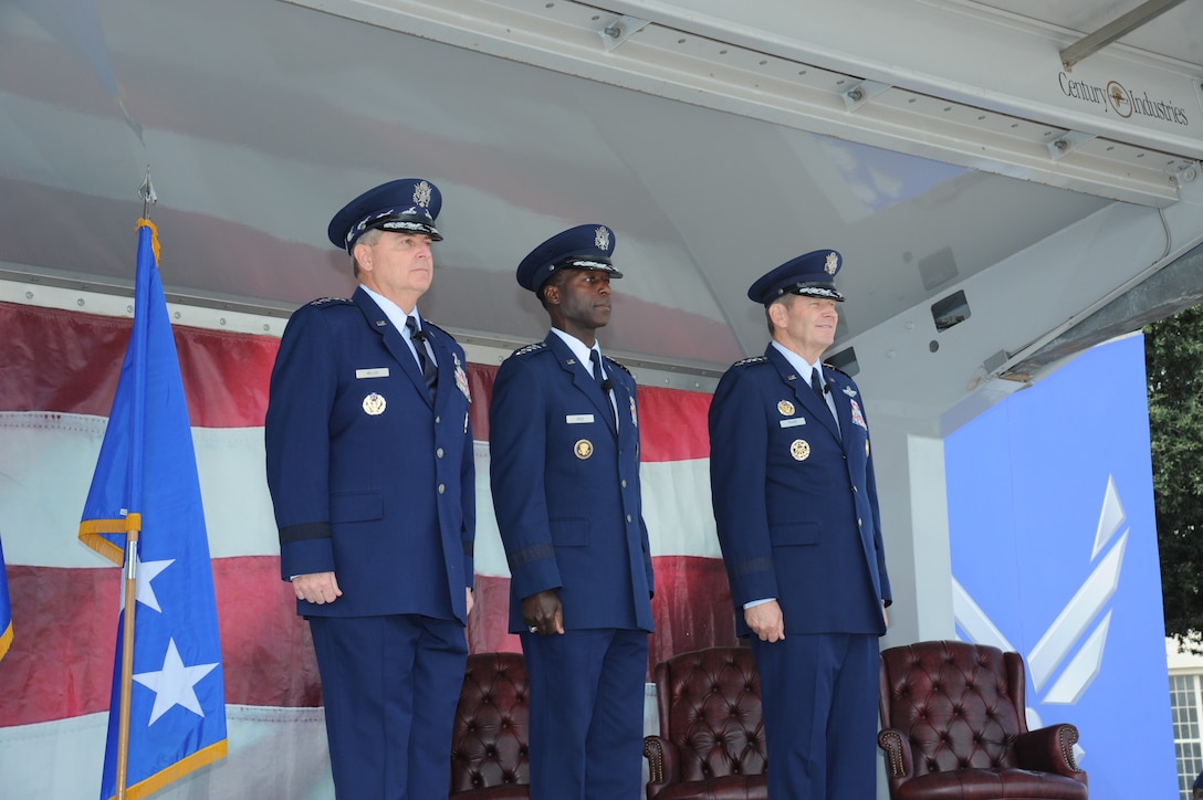 JOINT BASE SAN ANTONIO-RANDOLPH, Texas -- Air Force Chief of Staff Gen. Mark A. Welsh III (left), Gen. Edward A. Rice Jr., Air Education and Training Command commander, and Gen. Robin Rand, future AETC commander, arrive at the AETC change of command ceremony here Oct. 10. (U.S. Air Force photo by Rich McFadden)