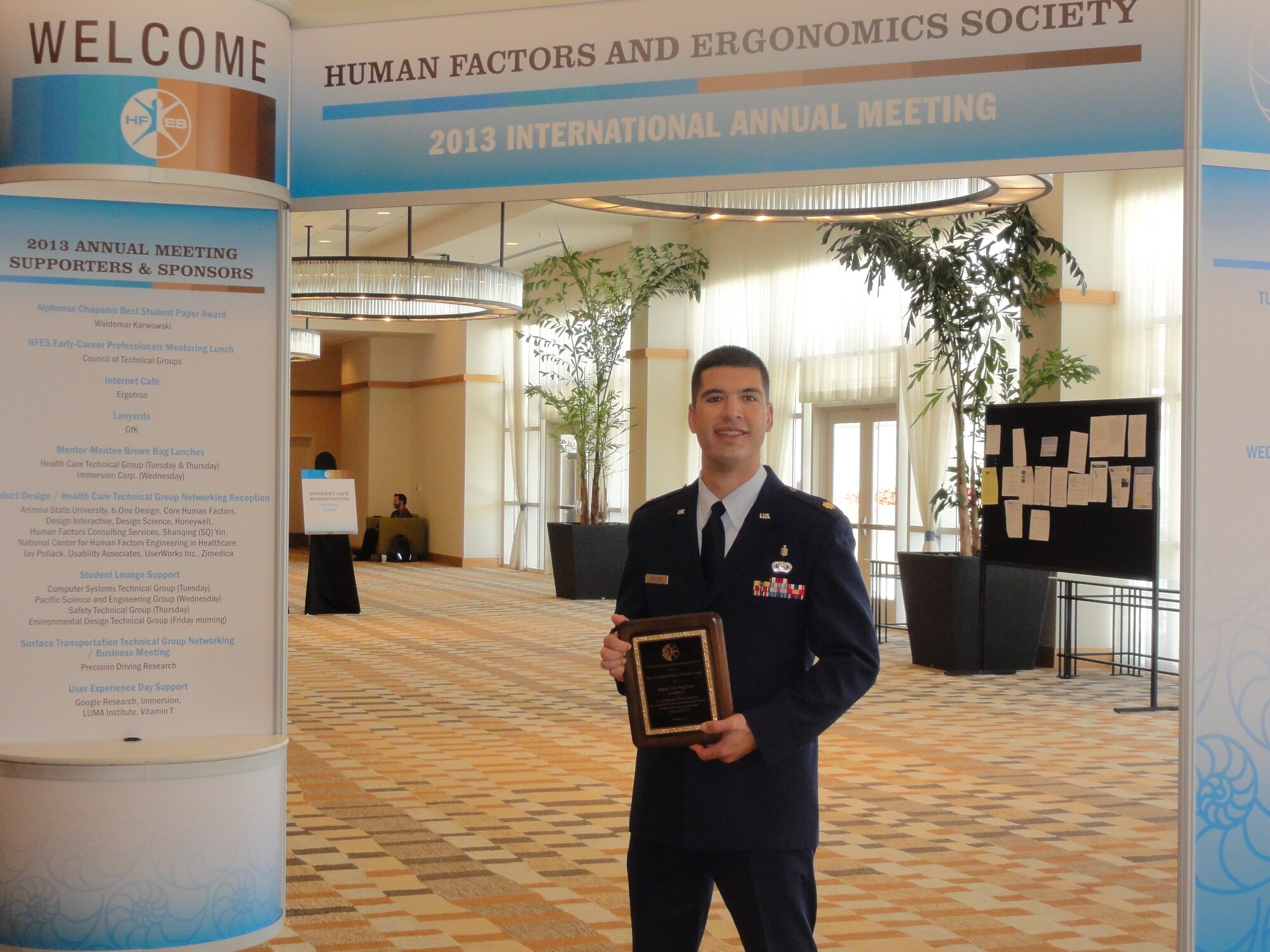 Maj. Joe Pugliese, assigned to the Human Factors Division, Air Force Safety Center (AFSEC), received the Oliver Keith Hansen Outreach Award on Oct. 1, in San Diego, Calif., for his support of the Military Flight Operations Quality Assurance Program (MFOQA) and Aviation Safety Action Program (ASAP) efforts managed by the Aviation Safety Division. (Courtesy photo)