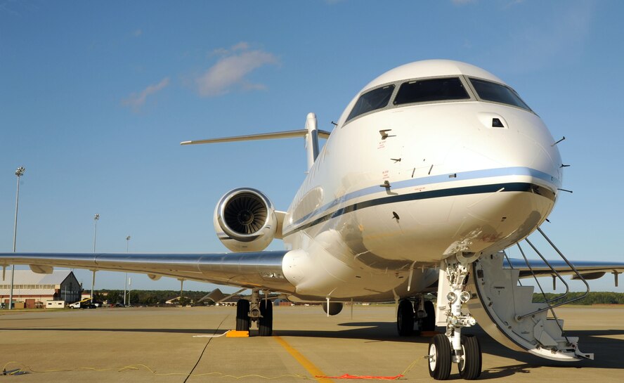 A Battlefield Airborne Communications Node-equipped E-11A aircraft rolls out
on the flightline at Langley Air Force Base, Va., Sept. 18. It is the fourth
BACN-equipped E-11A to join the Air Force's arsenal. BACN hardware allows
for communication between warfighters that are operating on different
networks and has the capability to relay info between air and ground forces.
(U.S. Air Force photo by Staff Sgt. Candice Page/Released)
