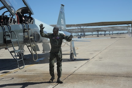 Gen. Edward A. Rice Jr., commander of Air Education and Training Command, completed his final Air Force flight Oct. 7, in a T-38 Talon at Joint Base San Antonio-Randolph, Texas. The general retired Oct. 10 after more than 35 years of Air Force service and 4,000 flying hours. As is customary with a "fini flight," at the end of the sortie he was greeted by friends and acquaintances and doused with water hoses. (U.S. Air Force photo by Rich McFadden)
