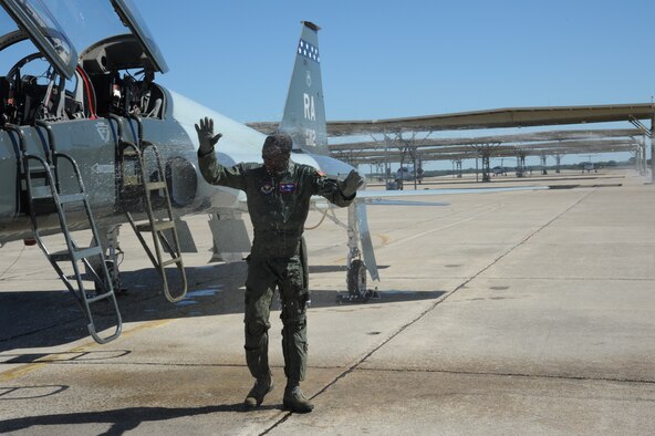 Gen. Edward A. Rice Jr., commander of Air Education and Training Command, completed his final Air Force flight Oct. 7, in a T-38 Talon at Joint Base San Antonio-Randolph, Texas. The general retired Oct. 10 after more than 35 years of Air Force service and 4,000 flying hours. As is customary with a "fini flight," at the end of the sortie he was greeted by friends and acquaintances and doused with water hoses. (U.S. Air Force photo by Rich McFadden)
