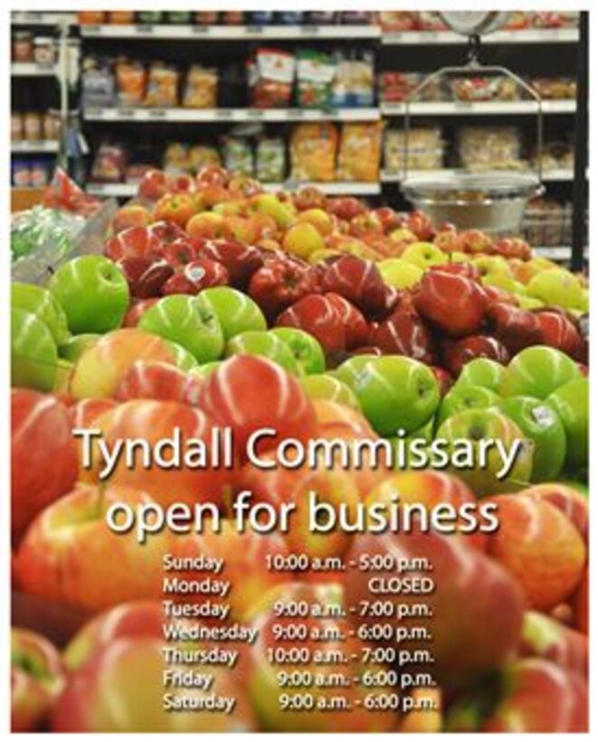 Tyndall's commissary reopens with normal operating hours. (U.S. Air Force graphic illustration by Airman 1st Class Alex Echols) 
