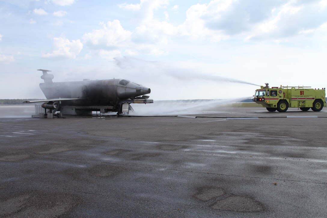 Aircraft Rescue and Fire Fighting Marines stationed at Cherry Point participate in shipboard aircraft firefighting training Oct. 3 on the flight line. The Marines, assisted by Navy personnel from the Naval Air Technical Training Center, put out simulated fires to become more efficient in accomplishing their main goal, which is to save lives.  