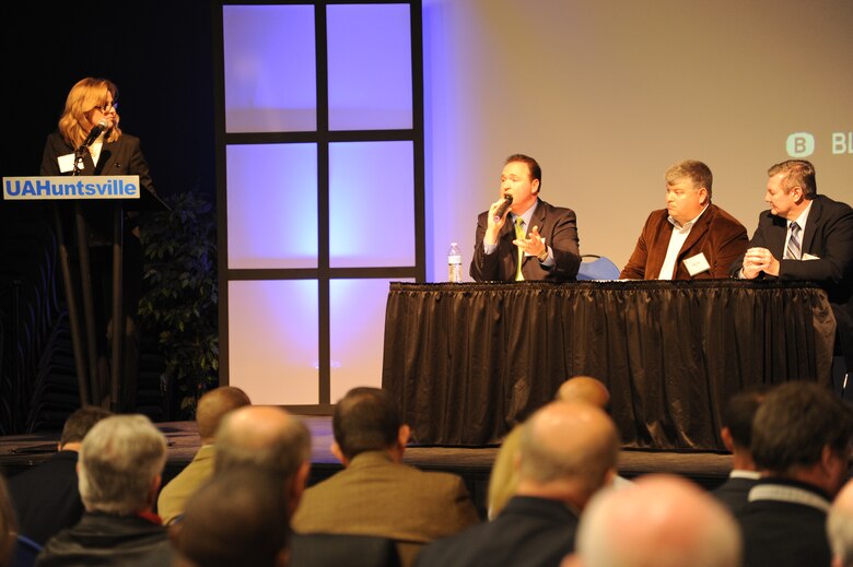 Huntsville Center Small Business Office Chief, Rebecca Vucinaj, left, guides the question and answer period at the 2011 Small Business Forum. The event is an opportunity for small business representatives to talk with contracting officials and program managers from Huntsville Center about the Center’s programs and quite possibly small business representatives from the Corps of Engineers Nashville and Mobile districts.