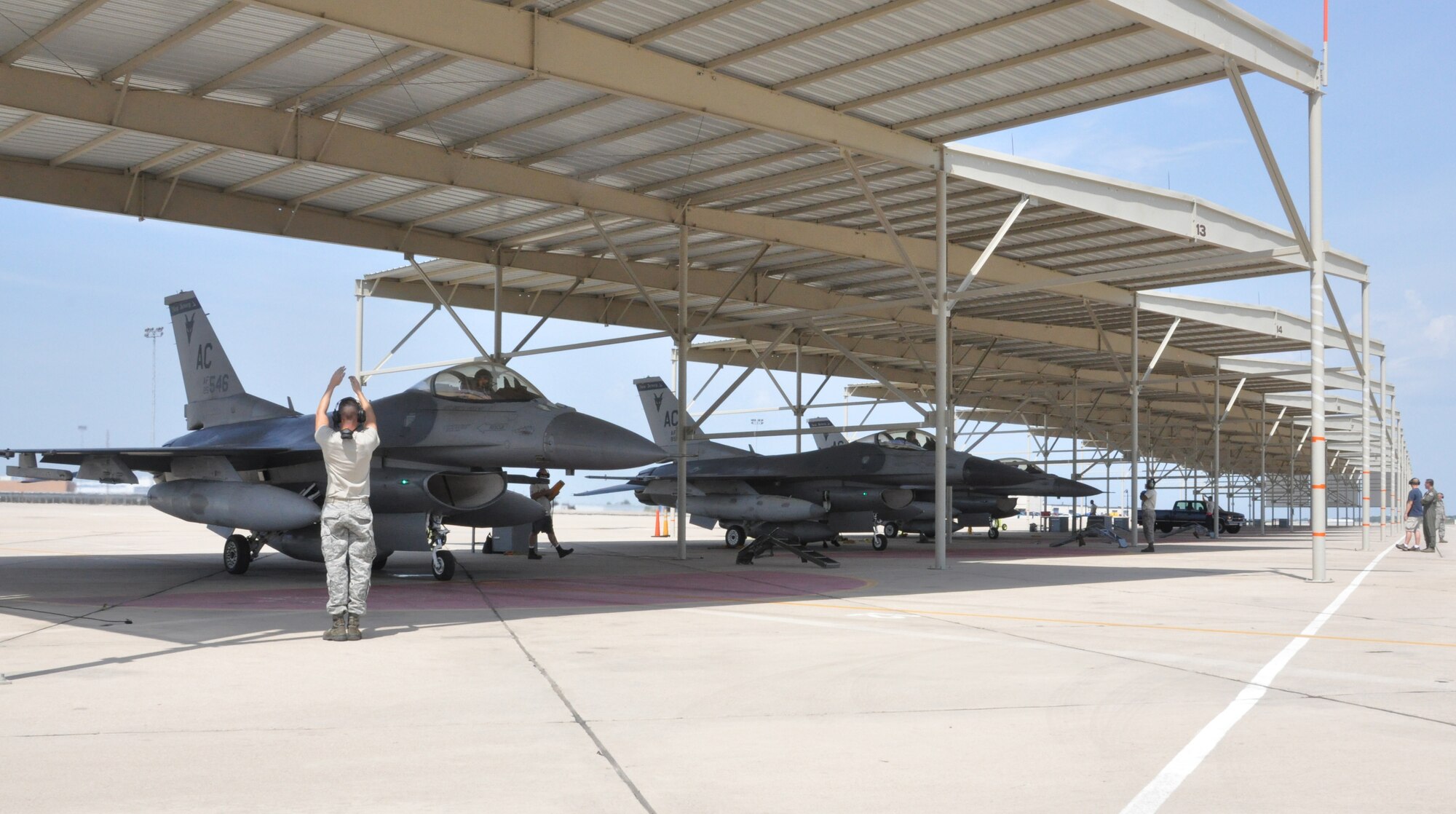 The first of nine jets taxi to their new home July 31. The 301st Fighter Wing received these nine aircraft from the 177th Fighter Wing New Jersey Air National Guard before returning eight to the boneyard. This swap provided the wing with the number of required aircraft to fill their wartime commitment until the year 2030. (U.S. Air Force photo/Capt. Rodney Ellison)