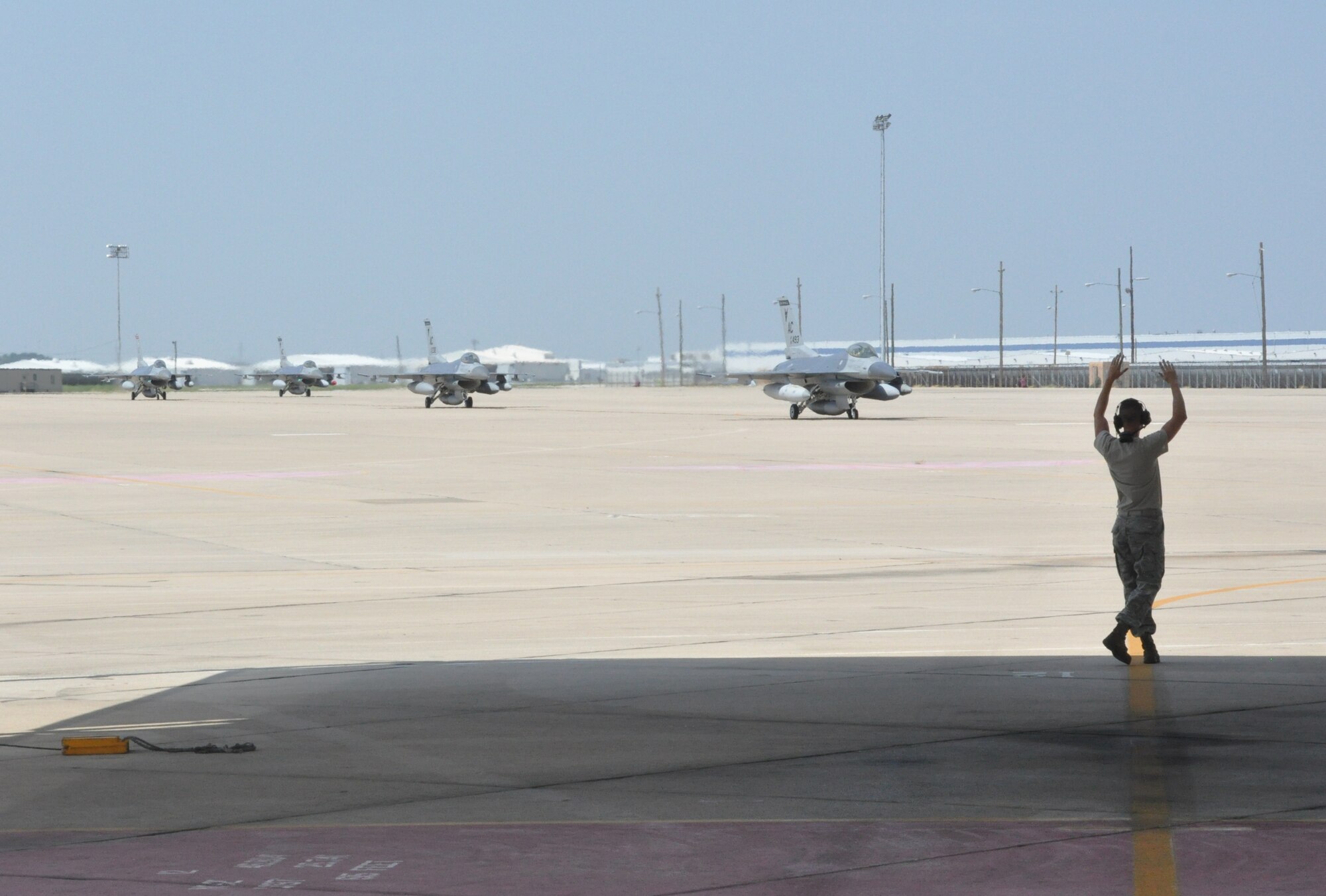 The first of nine jets taxi to their new home July 31. The 301st Fighter Wing received these aircraft from the 177th Fighter Wing New Jersey Air National Guard before returning eight to the boneyard. This swap provided the wing with the number of required aircraft to fill their wartime commitment until the year 2030. (U.S. Air Force photo/Capt. Rodney Ellison)