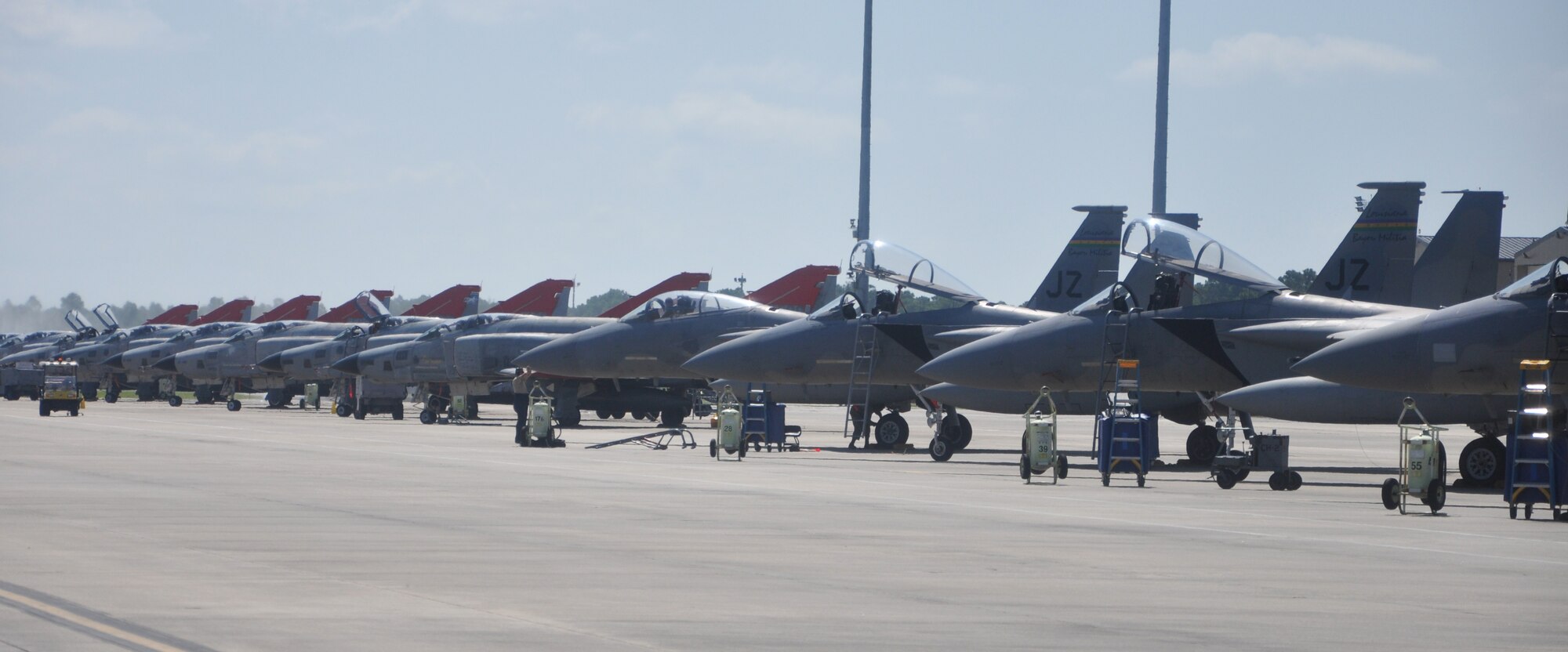 T-38 Talons and F-15 Eagles ready for action during an in-place
deployment on Tyndall's flightline Sept. 19. The aircrafts were used in
WSEP, the Air Combat Command's air-to-air Weapon System Evaluation Program
also known as Combat Archer. (U.S. Air Force photo by Airman 1st Class Alex
Echols)
