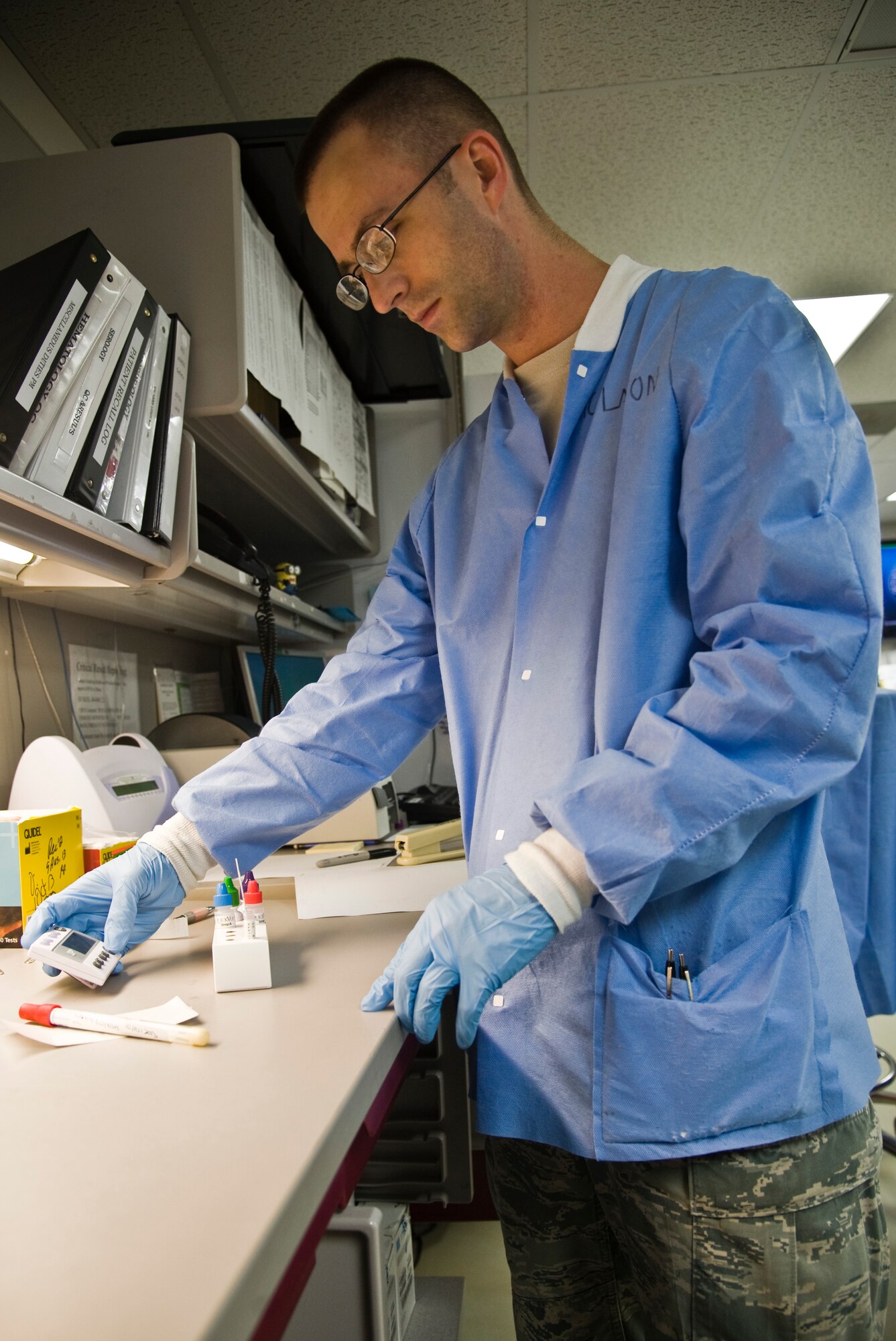 Airman 1st Class Jordan Lawton, 22nd Medical Support Squadron laboratory technician apprentice, conducts a strep throat analysis Oct. 10, 2013, at McConnell Air Force Base, Kan. Laboratory technicians conduct procedures to identify bacteria and evaluate blood cells. (U.S. Air Force photo/Airman 1st Class John Linzmeier)