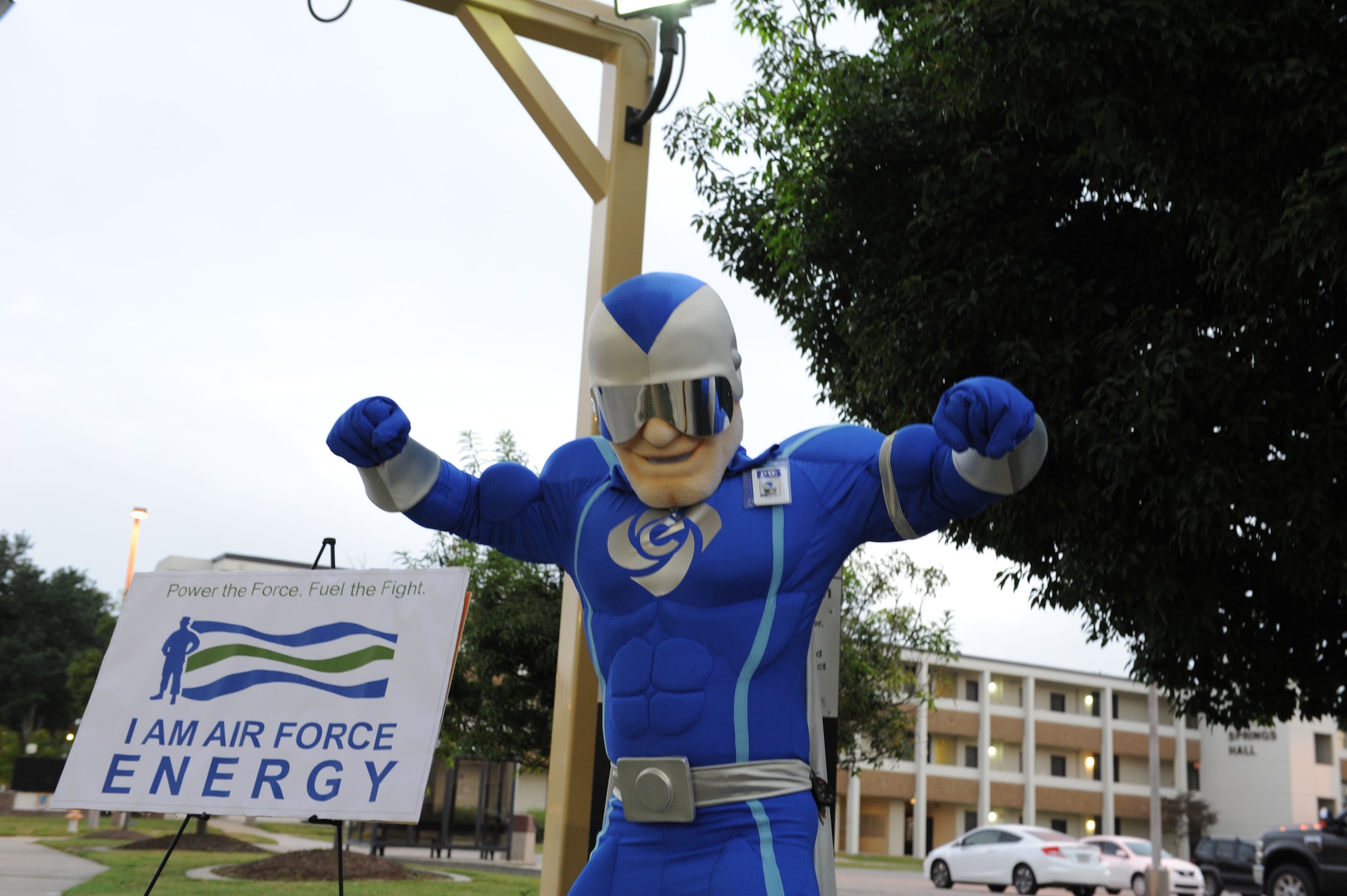 EWarrior, Keesler’s resident mascot for energy conservation, greets personnel Oct. 10, 2013, for the beginning of Energy Action Month at Keesler Air Force Base, Miss. The campaign to initiate more energy savings is Air Force wide for the rest of the month. (U.S. Air Force photo by Airman 1st Class Stephan Coleman)