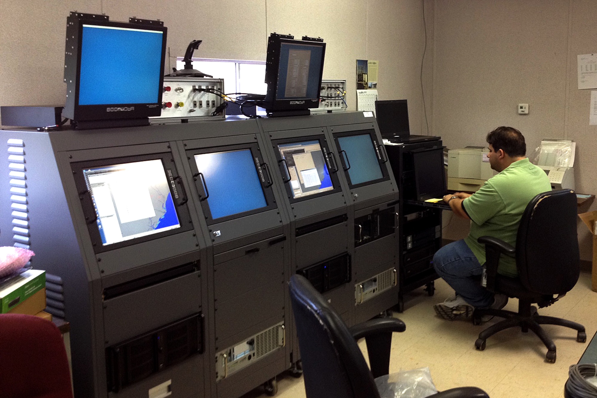 The internal components of the Joint Threat Emitter (JTE) Command and Control Unit are testing during installation, Sept. 24, 2013, Claiborne Bombing and Gunnery Range, Alexandria, La. The JTE simulates surface-to-air missile threats against U.S. Air Force aircraft. (U.S. Air Force photo by Lt. Col. Dave Webb/Released)