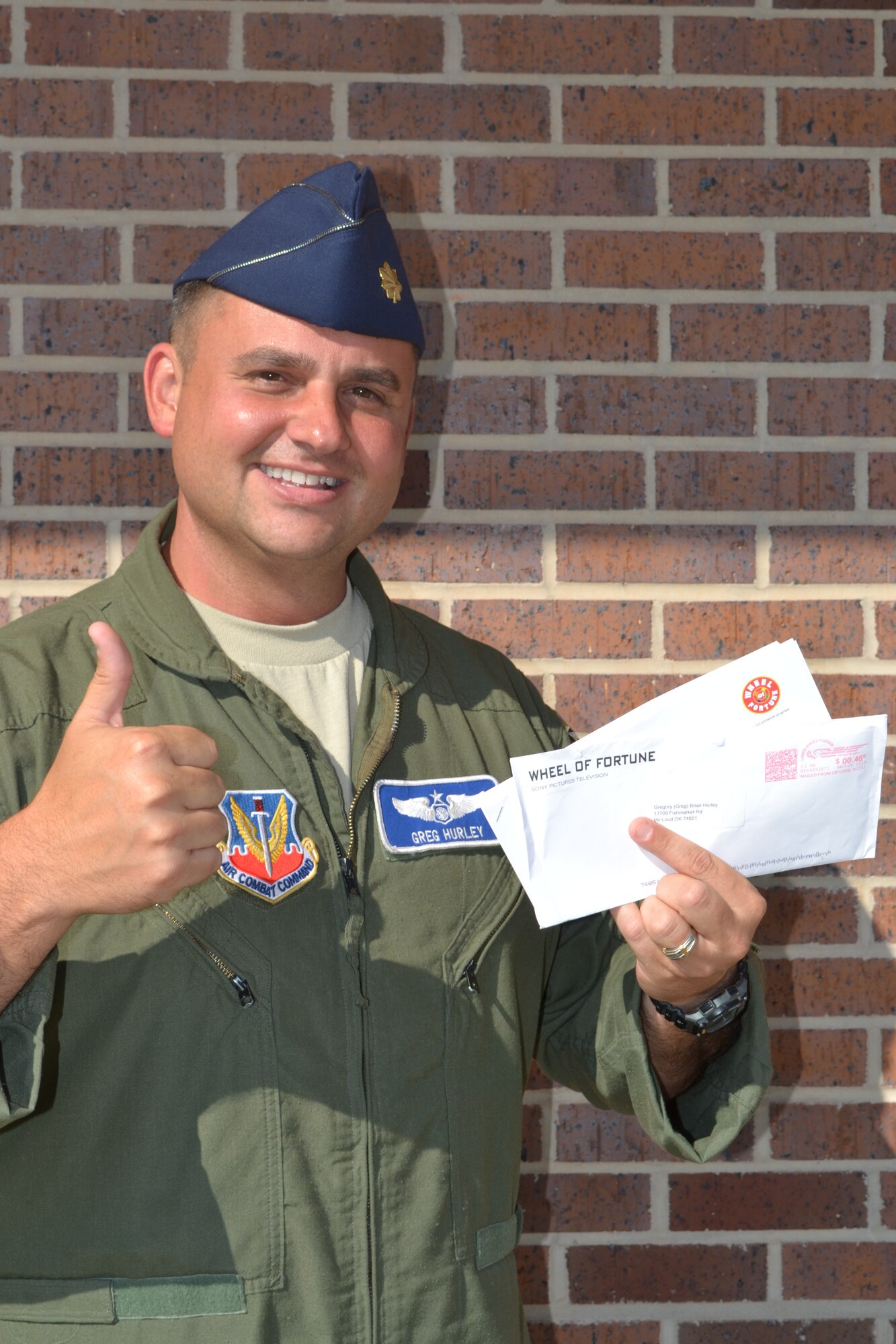 Earlier this year, Maj. Greg Hurley, the 552nd Operations Support Squadron’s deputy chief of Current Operations, auditioned for “Wheel of Fortune” and is waiting for a callback. (Air Force photo by Brandice J. O’Brien)
