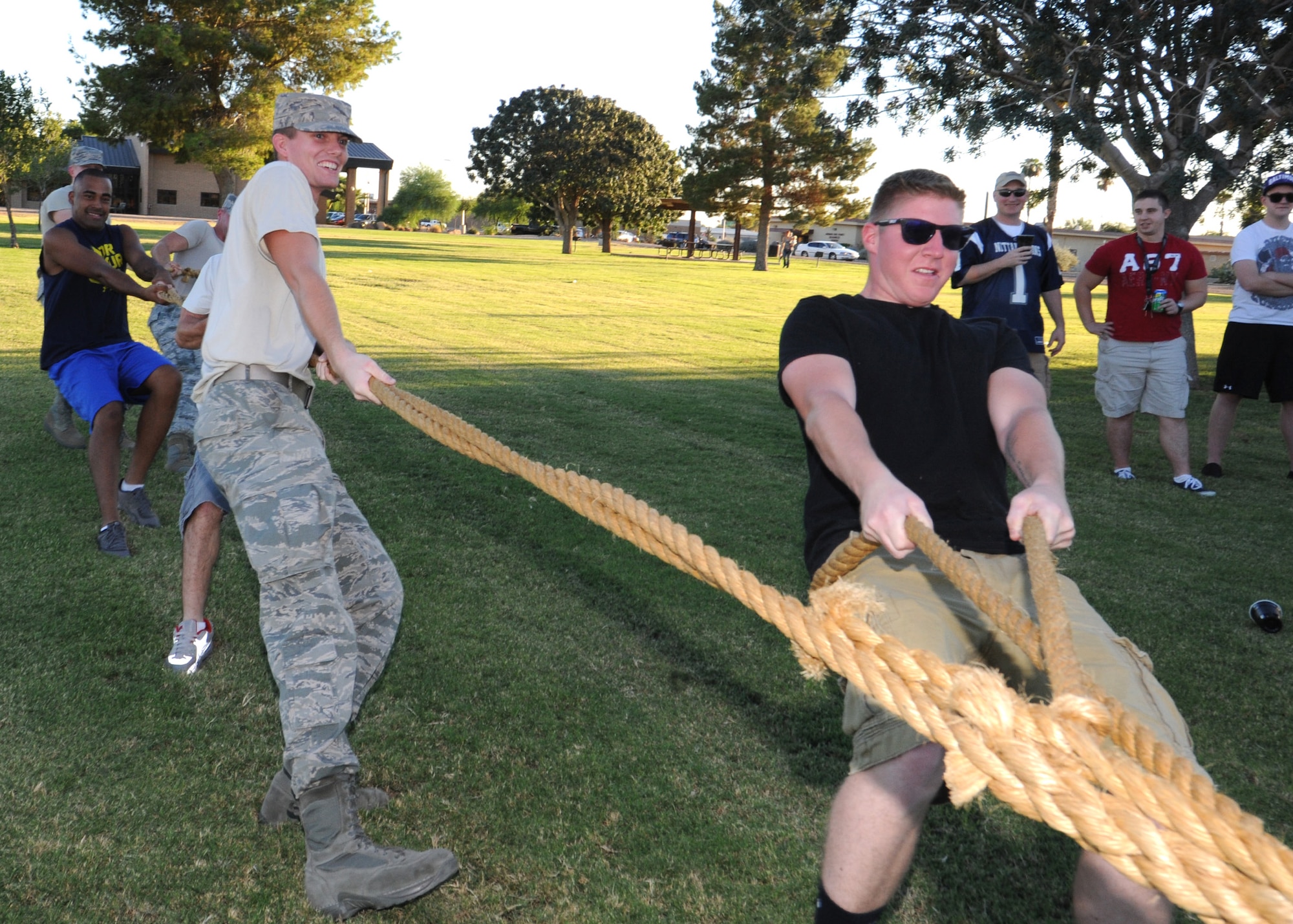 Luke Airmen engage their opponents in a game of tug-o-war Oct. 4 at Fowler Park. LEAD council members hosted a block party featuring games, food, music and a bouncy castle for children.  (U.S. Air Force photo/Staff Sgt. Nestor Cruz)