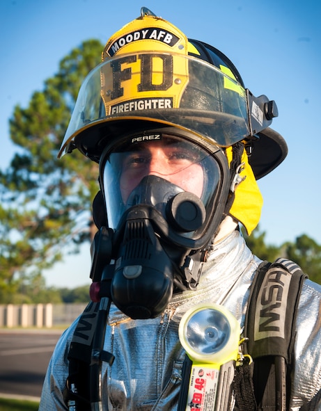 U.S. Air Force Airman 1st Class Evan Perez, 23d Civil Engineer Squadron firefighter, stands by a decontamination line during a major accident response exercise at Moody Air Force Base, Ga., Sept. 27, 2013. The scenario for the exercise involved a person who used chlorine gas near the base chapel. (U.S. Air Force photo by Senior Airman Jarrod Grammel/Released)
