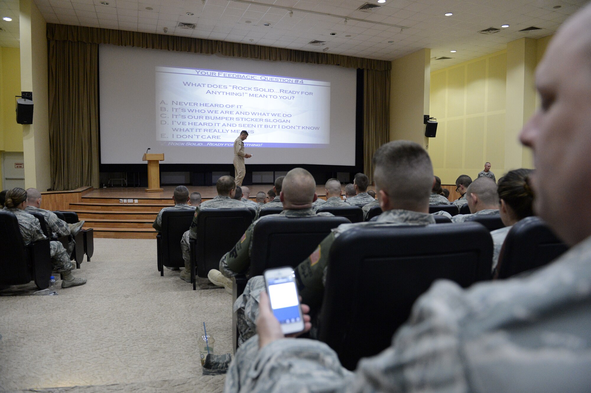 Members of the 386th Air Expeditionary Wing vote on their smart devices here, Sept. 30, 2013.  Col. John Klein, Jr., 386th Air Expeditionary Wing commander, held an all-call to discuss the wing's new mission, vision and priorities.  The all-call featured electronic voting on questions aimed at assessing the wing's understanding of the new mission, vision and priorities. (U.S. Air Force photo by Master Sgt. Christopher A. Campbell)