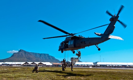 Members of the 106th Rescue Wing demonstrate the capabilities of an HH-60 Pave Hawk helicopter during a previous visit visit to South Africa in 2010.