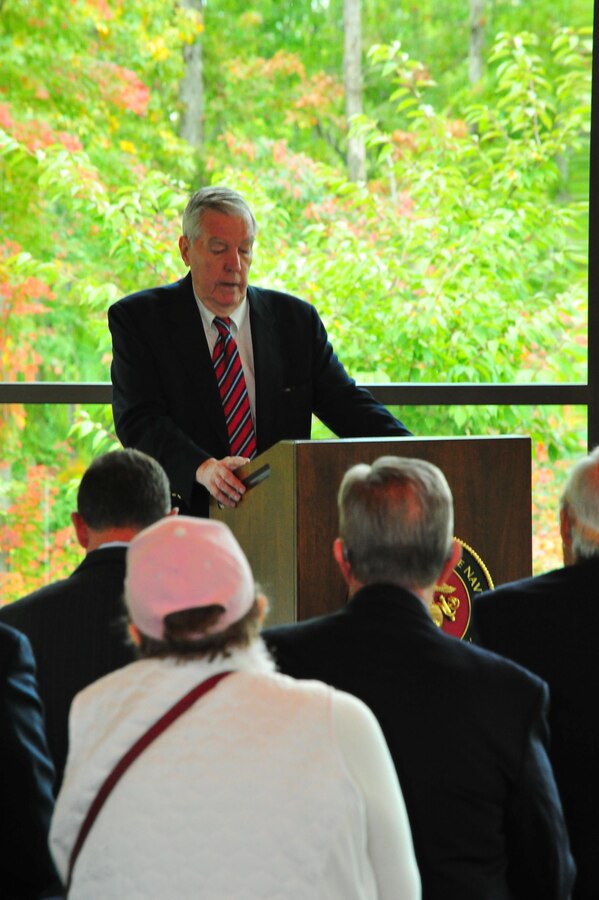Hal Buell, author of Uncommon Valor, Common Virtue, spoke at the National Museum of the Marine Corps, on Oct. 10, 2013. Buell was speaking at a dedication ceremony honoring Joe Rosenthal, photographer of the famous Iwo Jima flag-raising.