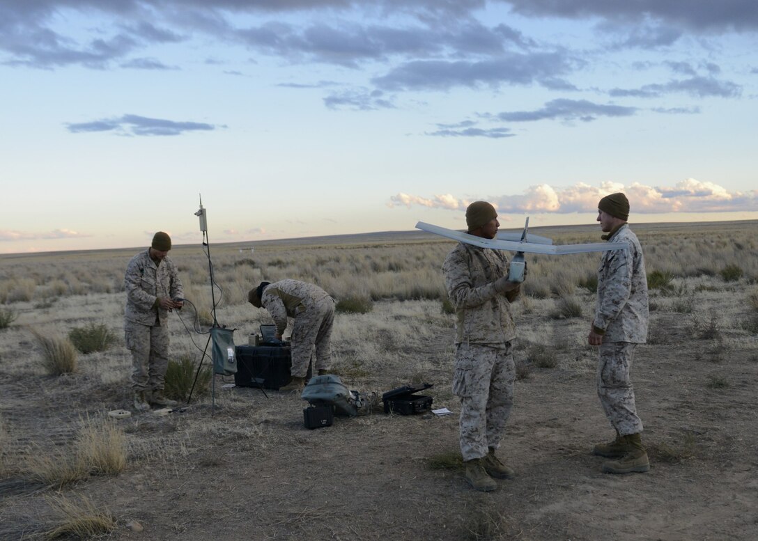U.S. Marines from 1st ANGLICO work together to put together the RQ-11B Raven Oct. 9, 2013, at the Saylor Creek range. The smallest of ANGLICO’s unmanned aerial systems, the Raven has a wingspan of four feet-six inches, weighs four pounds, has a flight endurance of 60–90 minutes and an effective operational radius of approximately 6.2 miles. (U.S. Air Force photo by Senior Airman Benjamin Sutton/RELEASED) 
