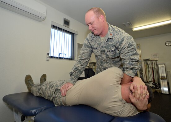 Maj. William Clarkson is the sole physical therapist for the 412th Medical Operations Squadron and the Physical Therapy flight commander. (U.S. Air Force photo by Jet Fabara)