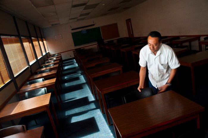 Mr. William Ide, 99th Force Support Squadron education services specialist, prepares a classroom for education services in the education center of the 99th Force Support Squadron Military Personnel Section Oct. 11, 2013, at Nellis Air Force Base, Nev. Due to the government shutdown, the 99th FSS Education Center has suspended free College Level Examination Program and Defense Activity for Non-Traditional Education Services testing until further notice. Air Force officials also announced the suspension of Tuition Assistance until a budget funding the program is passed by Congress.  (U.S. Air Force photo by Staff Sgt. Michael Charles)