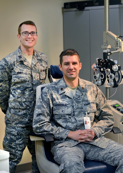 Capt. Nicholas Jones and Maj.Ethan Woodbury newly assigned Optometrists at the David Grant Medical Center prepare to assist new patients. (U.S.Air Force Photo by T.C. Perkins Jr.)