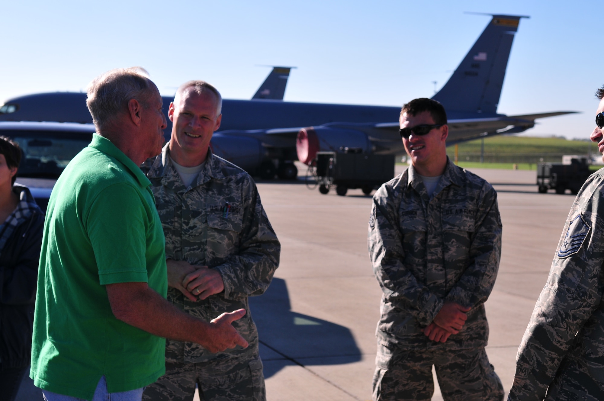 U.S. Air Force Retired Master Sgt. Robert Bragg and Sgt. Tom Lacey are reunited with a KC-135R/T Aircraft September 24, 2013. Bragg and Lacey performed ground maintenance on this particular KC-135R/T as early as 1967 while stationed at Beal AFB, California. The two recalled memories and shared stories with their counterparts from the 171st Air Refueling in Pittsburgh PA.  where the aircraft is still in service today. 44 years have passed since Bragg and Lacey saw each other last. Bragg learned the 171st Air Refueling Wing had the KC-135R/T he once maintained while attending an airshow near Pittsburgh, PA. Bragg posted a story on a KC-135Q website where Lacey found it. Lacey shorty contacted the 171st Public Affairs office and requested if the two could visit the base. (U.S. Air National Guard photo by Tech. Sgt. Shawn Monk/Released)   