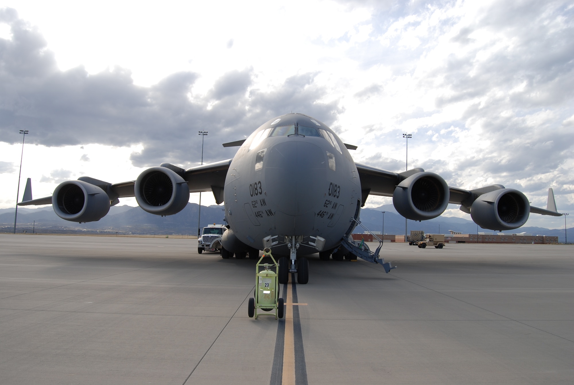 COLORADO SPRINGS, Colo. – A C-17 from McChord AFB, Wash., sits on the Fort Carson Arrival/Departure Airfield Control Group tarmac Oct. 9 before being loaded with troops and equipment for deployment overseas. (U.S. Air Force photo/Michael Golembesky)