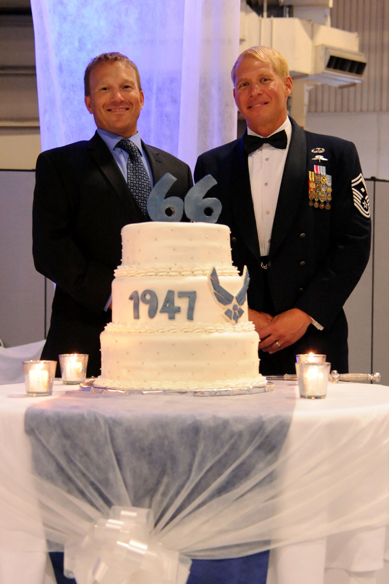 Brian Pabst, an Amazon employee, and Senior Master Sgt. Brian Stone, 69th Reconnaissance Group first sergeant, attended the 2013 Air Force Ball on Sept. 13, 2013 at Grand Forks Air Force Base, N.D. Pabst and Stone met through a “Leaders for Life” course and began a friendship that continued after the class. (U.S. Air Force photo/Airman 1st Class Zachiah A. Roberson)
