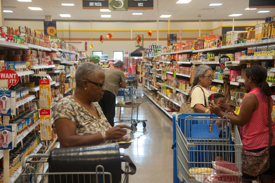 Commissary customers are welcomed with fully-stocked shelves during its reopening at Moody Air Force Base, Ga., Oct. 8, 2013. The commissary staff worked around the clock to prepare for the reopening by restocking their shelves. (U.S. Air Force Photo by Airman Dillian Bamman/Released)