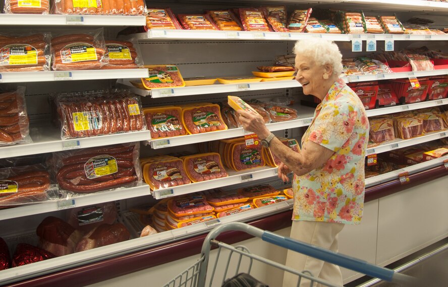 Skip Meade, commissary customer, finds the bratwurst in the meat department in the commissary at Moody Air Force Base, Ga., Oct. 8, 2013. The Moody Commissary hasn’t closed indefinitely in the 31 years it’s been in business. (U.S. Air Force Photo by Airman Dillian Bamman/Released)
