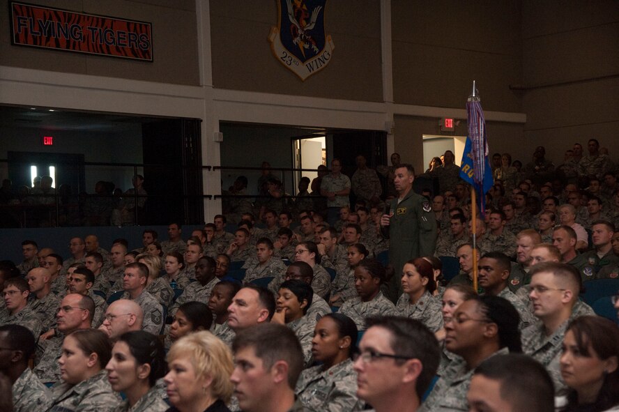 U.S. Air Force Col. Chad P. Franks, 23d Wing commander, answers questions at a commander’s call in the Hoffman Auditorium at Moody Air Force Base, Ga., Oct. 11, 2013. Franks spoke about the upcoming budget changes and the importance of resiliency. (U.S. Air Force Photo by Airman Dillian Bamman/Released)