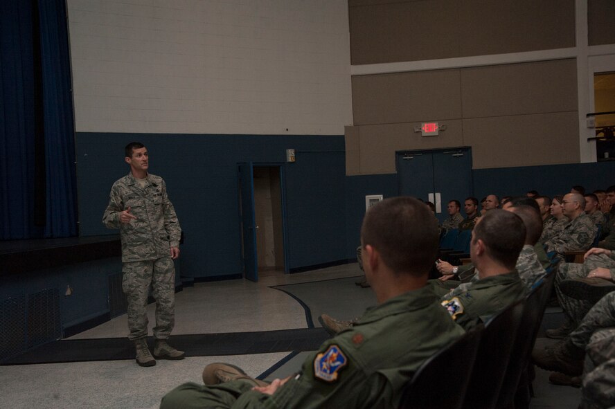 U.S. Air Force Chief Master Sgt. Matthew A. Wells, 23d Wing command chief master sergeant, talks during a commander’s call in the Hoffman Auditorium at Moody Air Force Base, Ga., Oct. 11, 2013. Wells took the responsibility of Moody’s command chief master sergeant in February 2013. (U.S. Air Force Photo by Airman Dillian Bamman/Released)