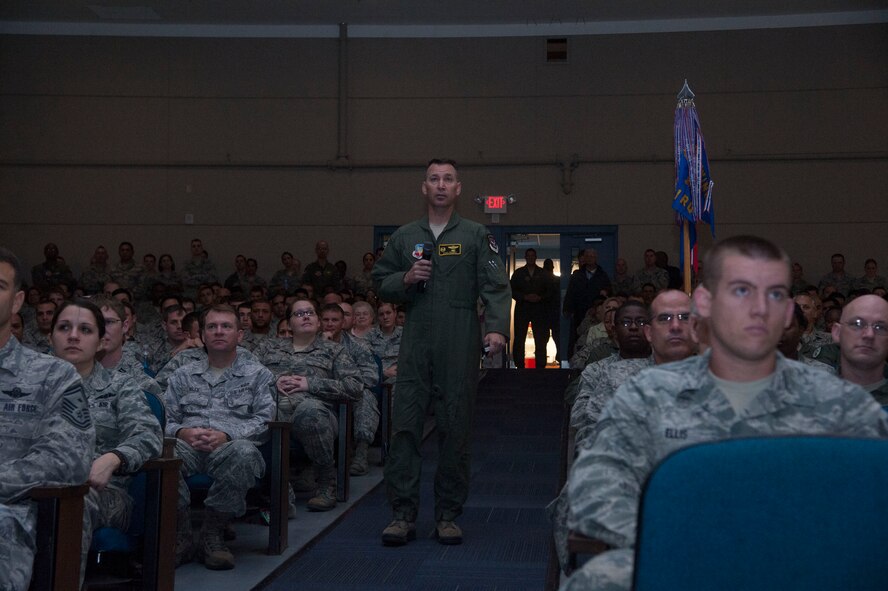 U.S. Air Force Col. Chad P. Franks, 23d Wing commander, speaks during a commander’s call in the Hoffman Auditorium at Moody Air Force Base, Ga., Oct. 11, 2013. Franks talked about his past experience as the 347th Rescue Group commander at Moody. (U.S. Air Force Photo by Airman Dillian Bamman/Released)