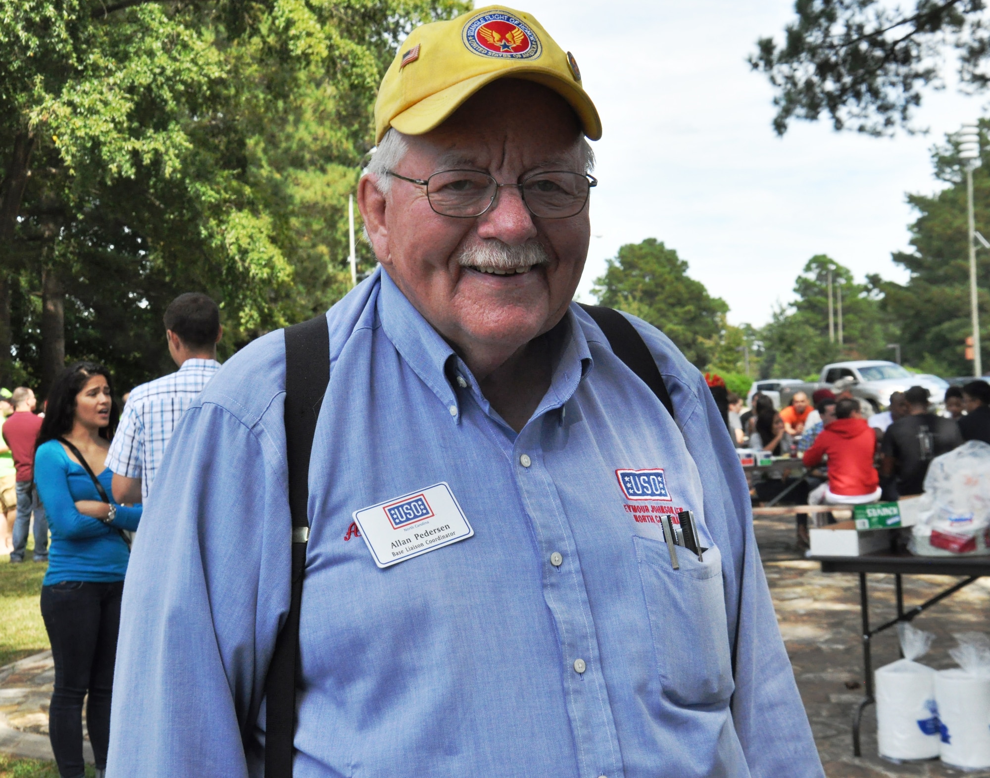 Allan Pedersen, United Service Organizations (USO) of North Carolina director, volunteers during a picnic at Seymour Johnson Air Force Base, Sept. 30, 2013. Pedersen was recently named the United States Region USO Volunteer of the Year for his service to Team Seymour Airmen and their families. (U.S. Air Force photo by Maj. Amber Millerchip)