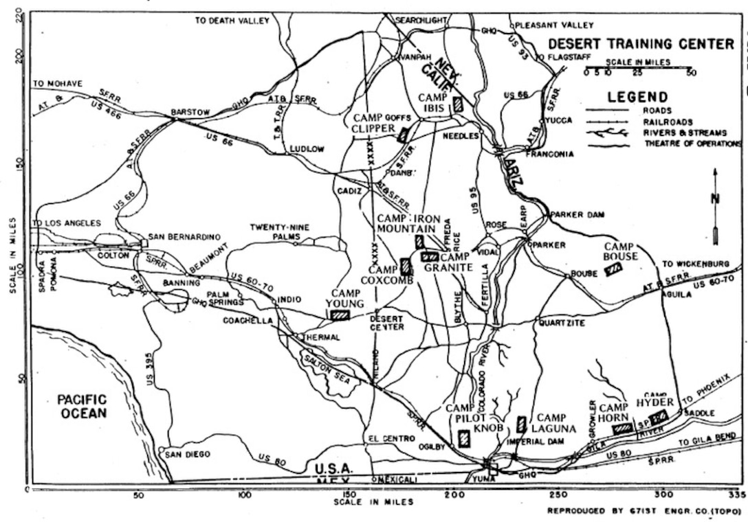 An early map shows the expanse of the Desert Training Center, for which the Los Angeles District procured land and built to train Soldiers from Gen. George S. Patton's I Armored Corps prior to U.S. involvement in World War II.