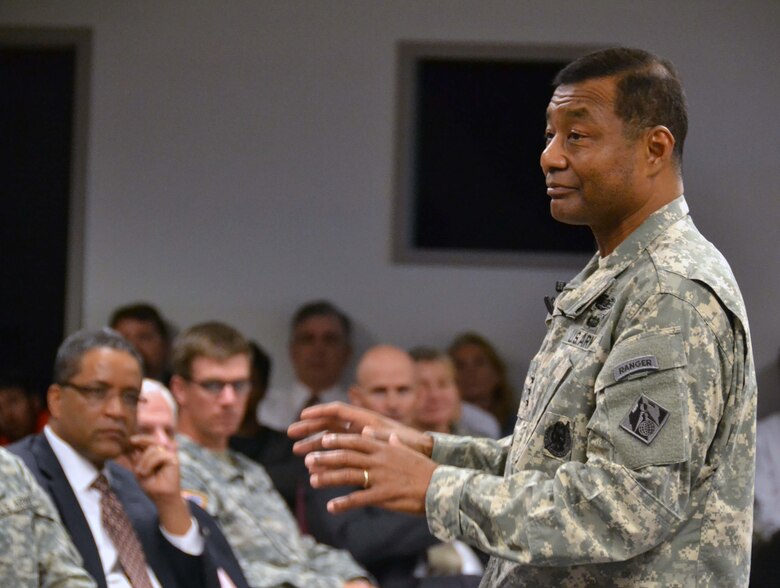 Lt. Gen. Thomas Bostick, U.S. Army Chief of Engineers and Commanding General, U.S. Army Corps of Engineers, speaks to Transatlantic Division and Middle East District employees during a town hall, Oct. 16. 