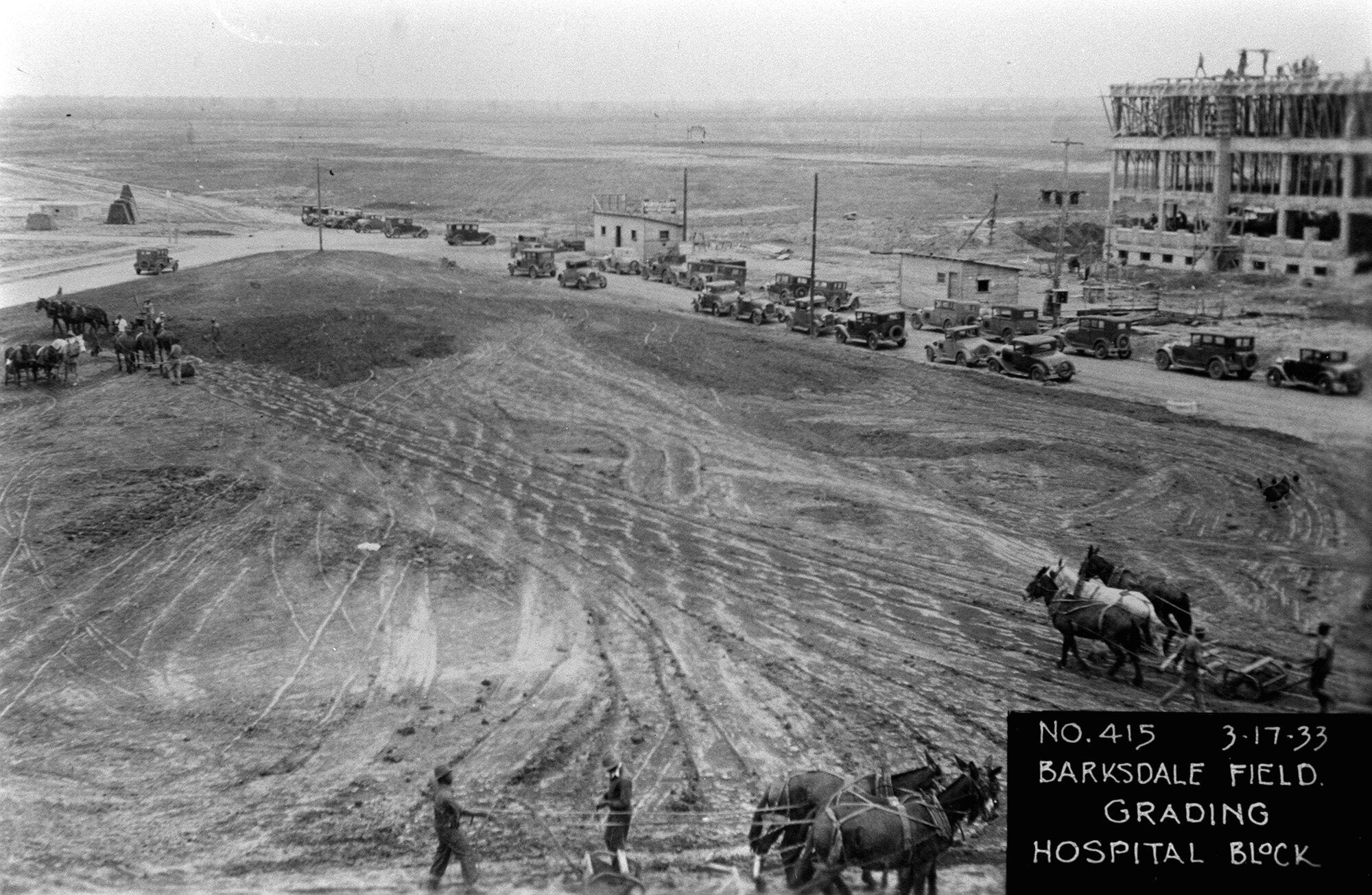 Workers prepare the site of the original Barksdale Field hospital, now the 2nd Civil Engineer Squadron headquarters, on Barksdale Air Force Base, March 17, 1933. The base's current location was officially selected Dec. 5, 1928, after a delegation from Shreveport traveled to Washington, D.C., to propose the land be used for a new airfield. (Photo provided by Dennis Pinner, 2nd Bomb Wing Historian)