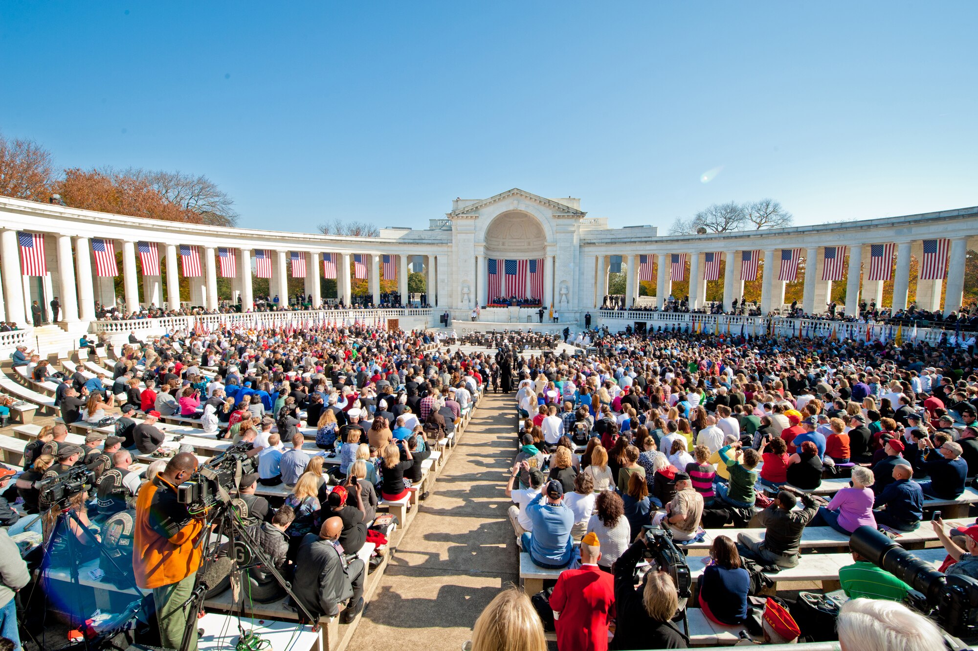 Guests fill the Memorial Amphitheater during a performance by the United 
States Navy Band in observance of Veteran's Day 2012.  This year The United 
States Air Force Concert Band, with vocal soloist Master Sgt. Matthew Irish, 
are scheduled to perform.  (U.S. Army Photo by Spc. Lance Philpot/Released)
