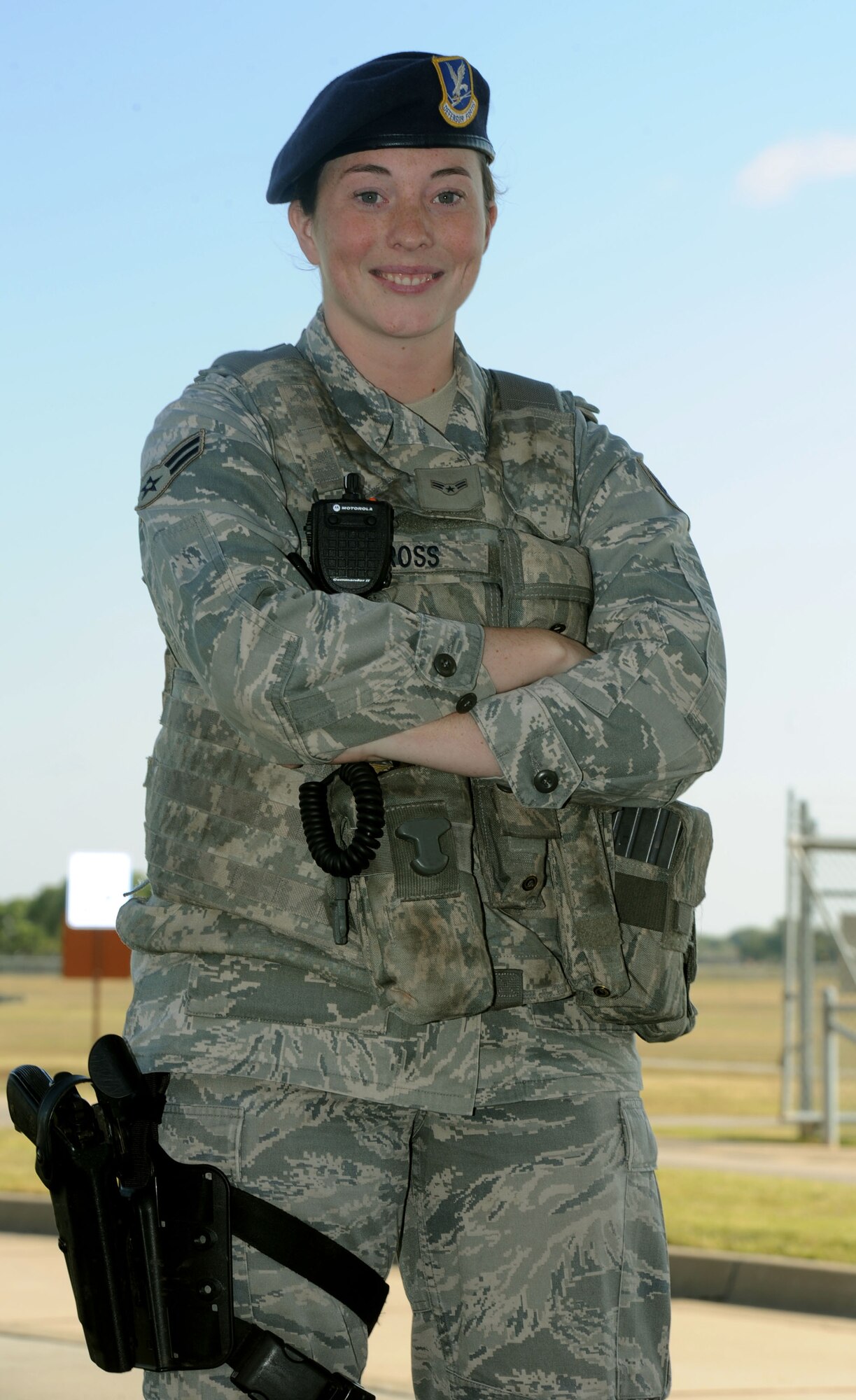 Airman 1st Class Kimberly Ross, an installation patrolman with the 71st Security Forces Squadron, stands at her post Oct. 10 at Vance Air Force Base, Okla. Ross is the 71st Flying Training Wing Airman of the Month for September. (U.S. Air Force photo/ Senior Airman Frank Casciotta)