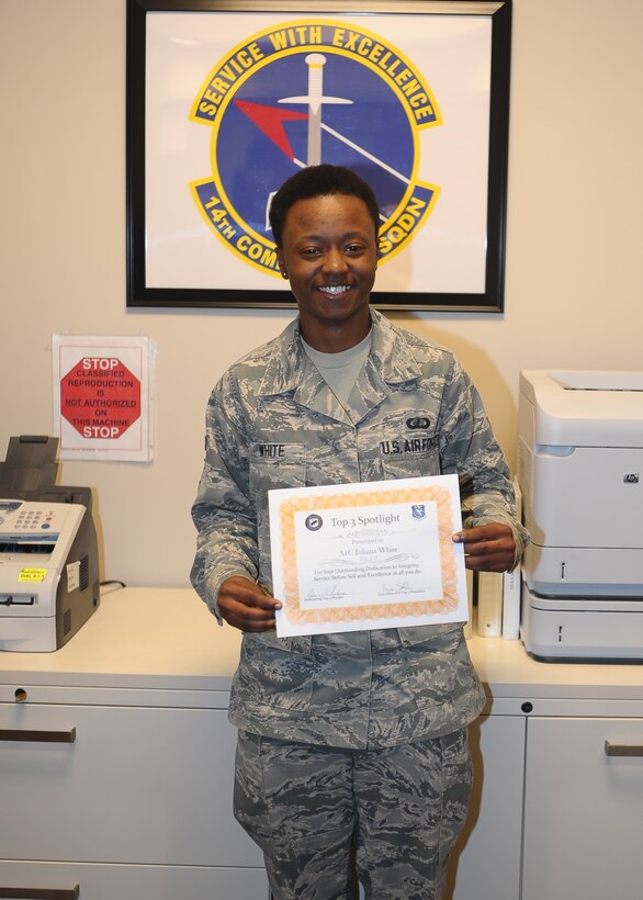 Airman 1st Class Juliana White, 14th Comptroller Squadron, was awarded the Airman Top 3 Spotlight for the month of October on Oct. 16 at the Finance Office on Columbus Air Force Base. White, who is the Airman’s Activity Council President and a member of the Base Honor Guard, said that her long term goals were to return to Lackland Air Force Base as a Military Training Instructor, help the future airmen as a senior leader, and retire from the United States Air Force as a chief master sergeant.