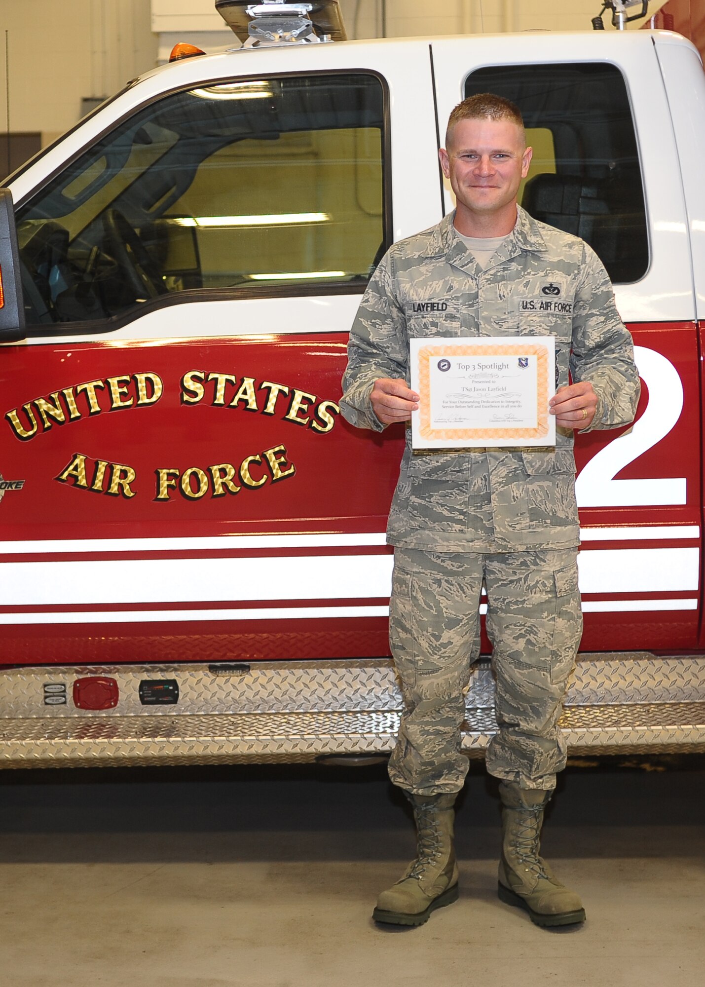 Tech Sgt. Jason Layfield, 14th Civil Engineer Squadron, was awarded the Non-Commissioned Officer Top 3 Spotlight for the month of October on Oct. 16 at the Columbus Air Force Base Fire Station. Layfield, who recently completed the First Sergeant Symposium on Aug. 15, said that his long term career goals were to obtain a Masters degree before retirement from military service/transition to civil service and to ensure that his wife and children are always taken well care of and given the best opportunities possible through his success. 
