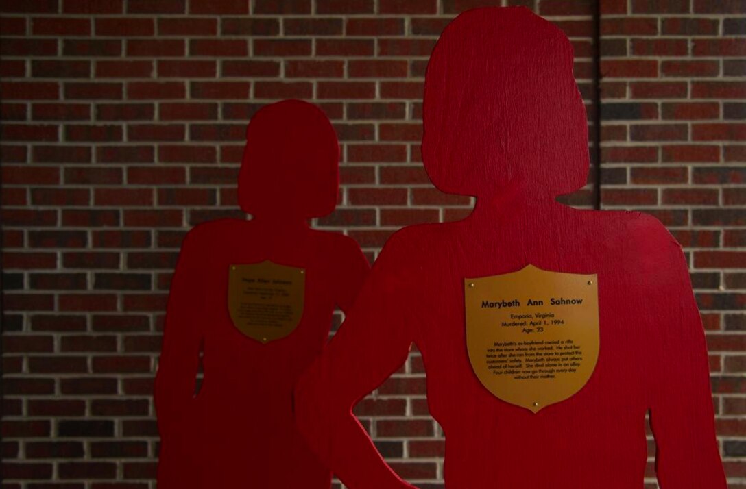 As a part of the Silent Witness Program, statues depicting domestic abuse victims are on display around Langley Air Force Base, Va., Oct. 15, 2013. Domestic violence is the leading cause of injury for women, and more women suffer from domestic violence than from rape, car accidents and muggings combined. (U.S. Air Force photo by Airman 1st Class Victoria H. Taylor/Released)