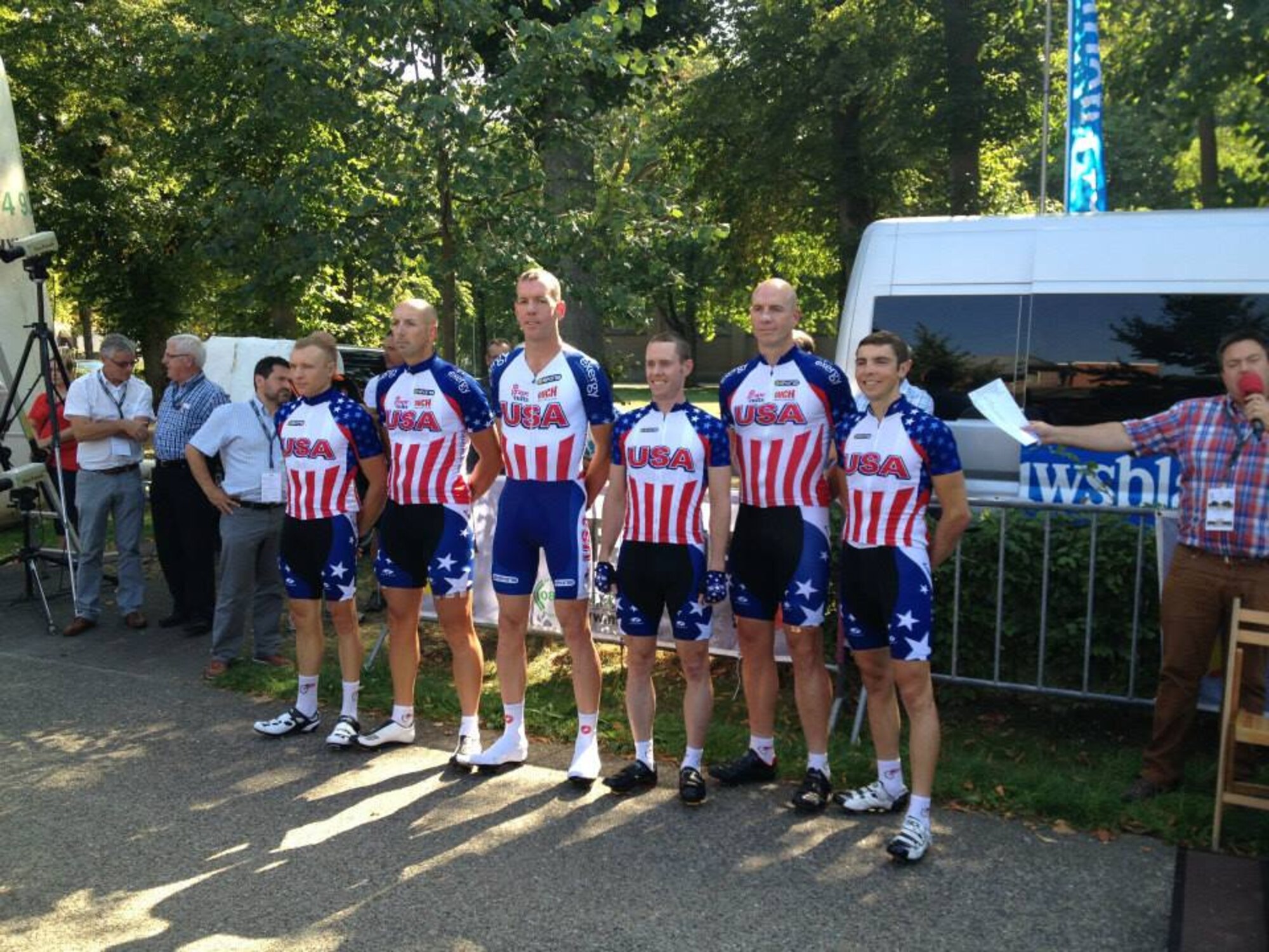 BELGIUM – The U.S. Armed Forces Cycling Team poses for a picture at the 2013 International Military Sports Council held in Belgium. Capt. Ian Holt (fourth from left), 16th Space Control Squadron flight commander and cyclist represented the United States in his fifth CISM event where he placed 11th overall in the 80-mile road race. (Courtesy photo)