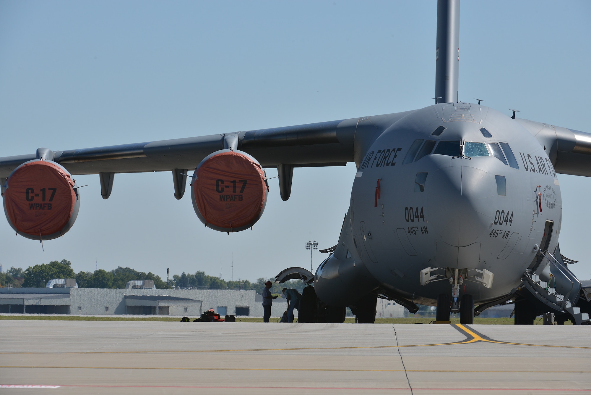 WRIGHT-PATTERSON AIR FORCE BASE, Ohio - Maintenance is performed on a 445th Airlift Wing C-17 Globemaster III sitting on the ramp here Sept. 24, 2013. (U.S. Air Force photo/Tech. Sgt. Frank Oliver)