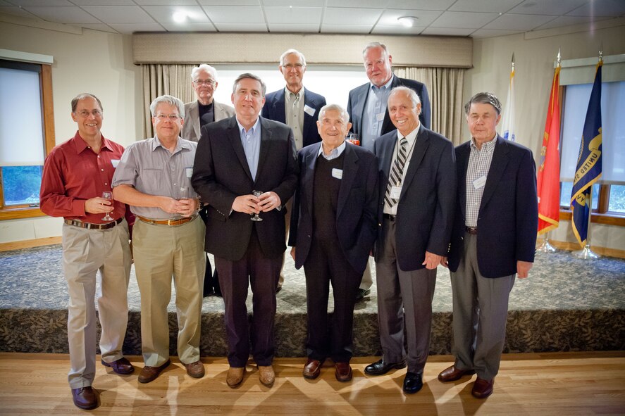 As a newly inducted honorary member of the 96th Airlift Squadron Association, Col. Darrell Young, 934th Airlift Wing commander, stands with previous Wing, Group, and Squadron commanders in the association.  The 70th anniversary of the squadron was celebrated in September with a reunion at the Officer's Club at Minneapolis-St. Paul Air Reserve Station, Minn. (U.S. Air Force photo/Shannon McKay)