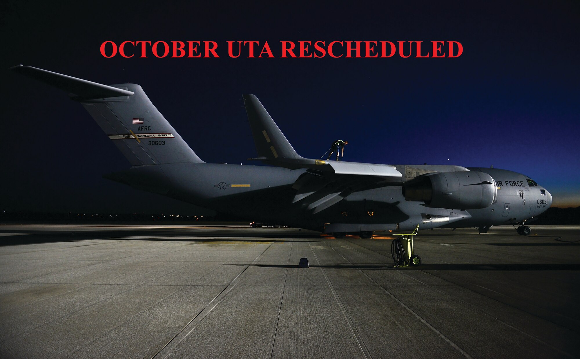 WRIGHT-PATTERSON AIR FORCE BASE, Ohio - Due to the ongoing Government Shutdown, the 445th Airlift Wing Oct. 19 – 20 unit training assembly has been postponed to Nov. 23 and 24. The Scarlet and Gray UTAs for November are still scheduled.