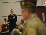 Col. Max B. Mitchell gives a speech at the local American Legion chapter on Veteran’s Day, 2013. Mitchell officially retired from the U.S. Air Force Friday, Oct. 11, after 25 years of service with nearly 4,000 flying hours in the B-52 as a master navigator. (Courtesy Photo) 