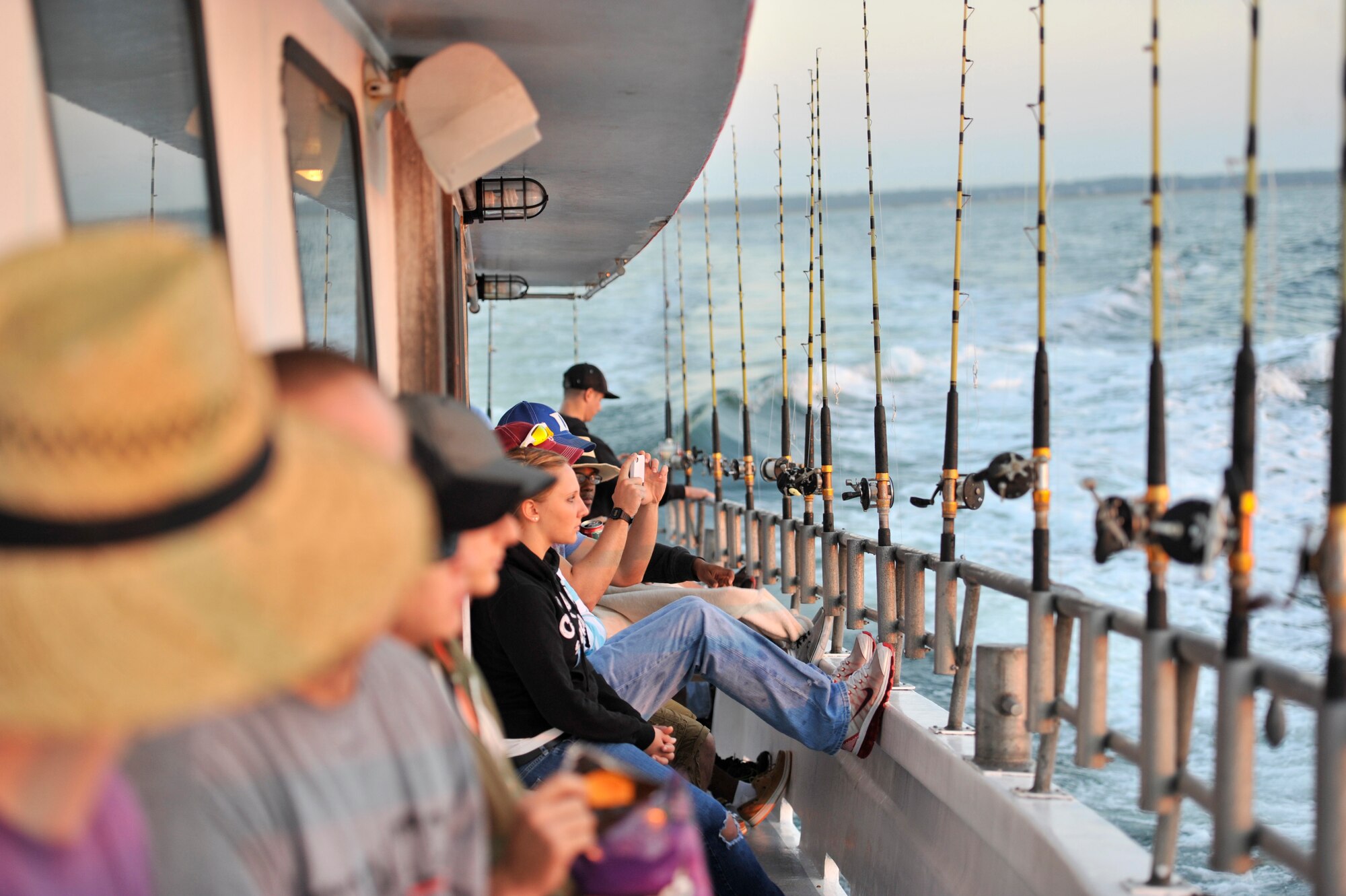 Airmen from Shaw Air Force Base, S.C., wait to begin deep-sea fishing Oct. 5, 2013. Studio 20 and the Single Airmen Initiative hosted this trip free of charge for Airmen to experience (U.S. Air Force photo by Airman 1st Class Jonathan Bass/Released)
